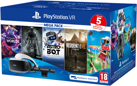 PlayStation VR Mega Pack盒裝 壁紙 — PlayStation VR Mega Pack 盒裝，包含五款VR遊戲和頭戴裝置，背景為藍色漸變。