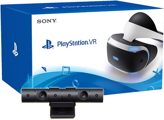 PlayStation VR主機與配件盒 壁紙 — Sony PlayStation VR 頭戴式裝置和相機套裝顯示在其藍白零售盒上，帶有發光藍色點綴。