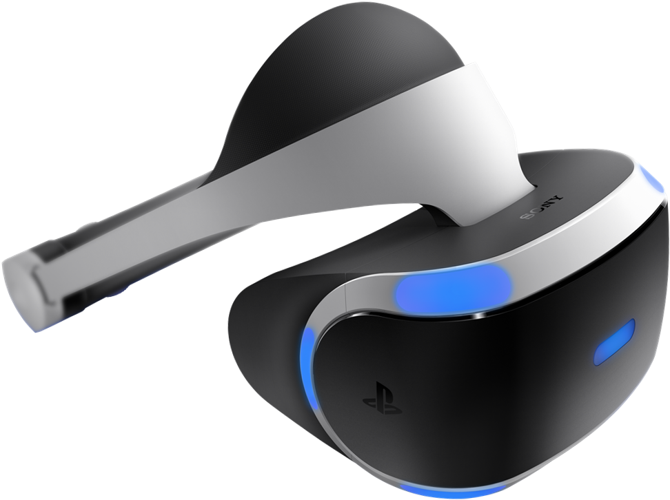 PlayStation VR 頭戴裝置 壁紙 — 純黑色背景上，一款時尚的黑白PlayStation VR頭戴裝置，帶有發光的藍色燈光。
