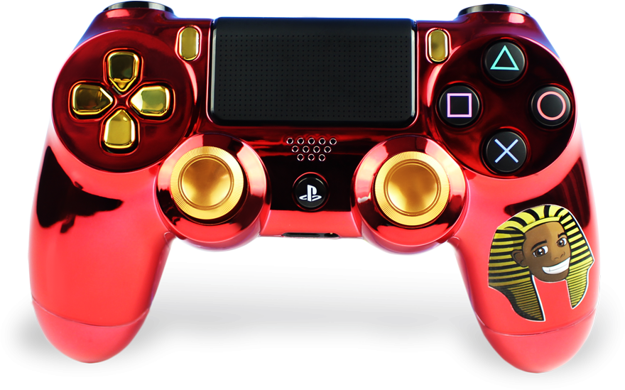 客製紅金PlayStation控制器 壁紙 — 一個亮面紅色和金色的PlayStation 4控制器，右握把上有一個卡通法老貼紙。