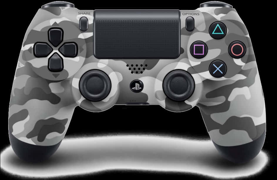 迷彩 PlayStation 控制器 壁紙 — 一個帶有灰色迷彩皮膚的PlayStation 4控制器，在黑色背景上柔和發光。