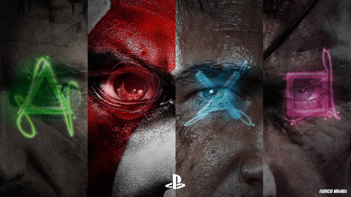 以 PlayStation 掌控遊戲體驗 壁紙 — 四隻風格化的眼睛在深色皮膚紋理上發出螢光綠、紅、藍和粉紅色的數位符號光芒。