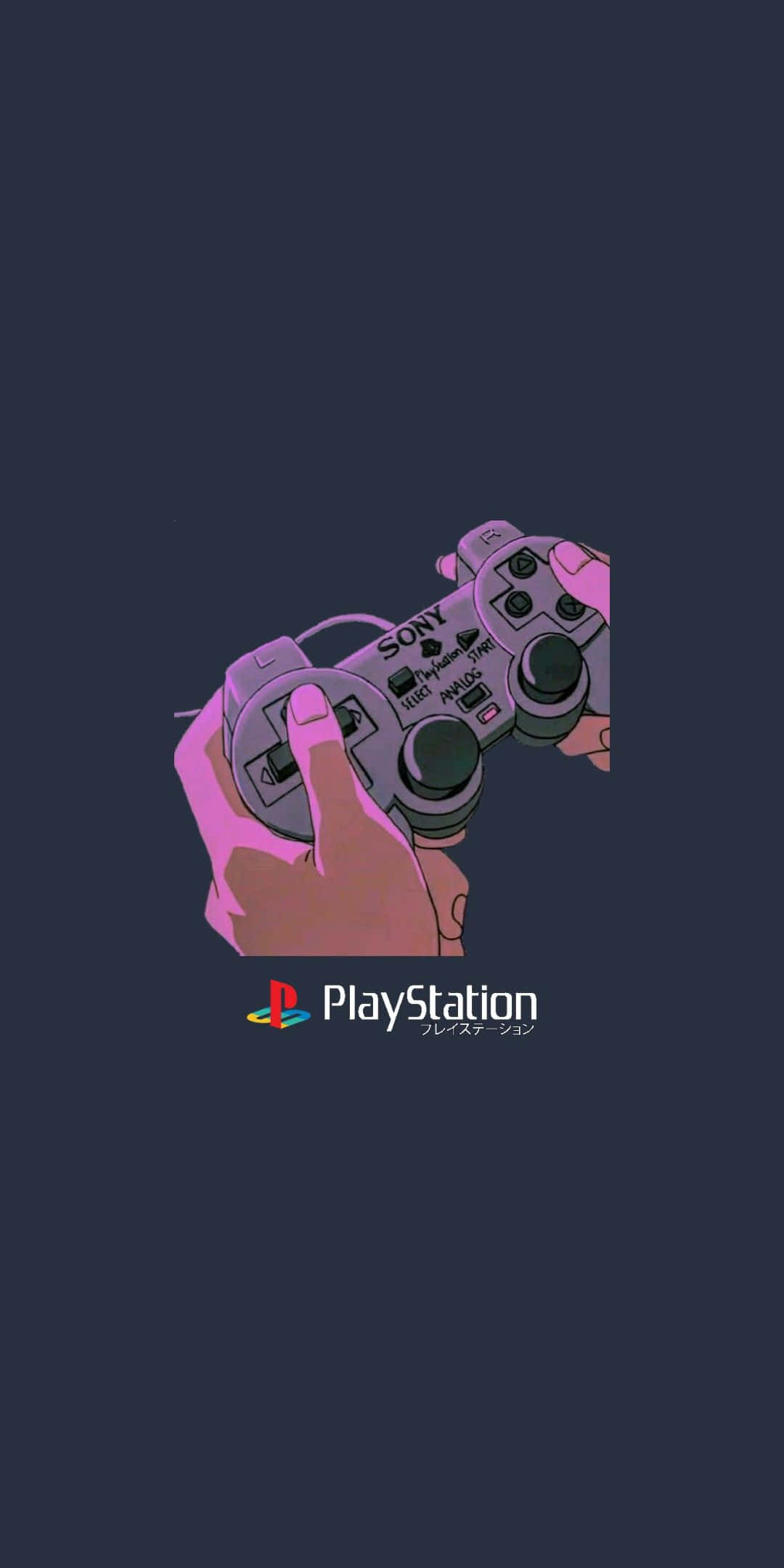PlayStation 主機可愛遊戲數位藝術 壁紙 — 一隻風格化的手在深藍色背景上握著粉紅色的PlayStation控制器，下方有PlayStation標誌。