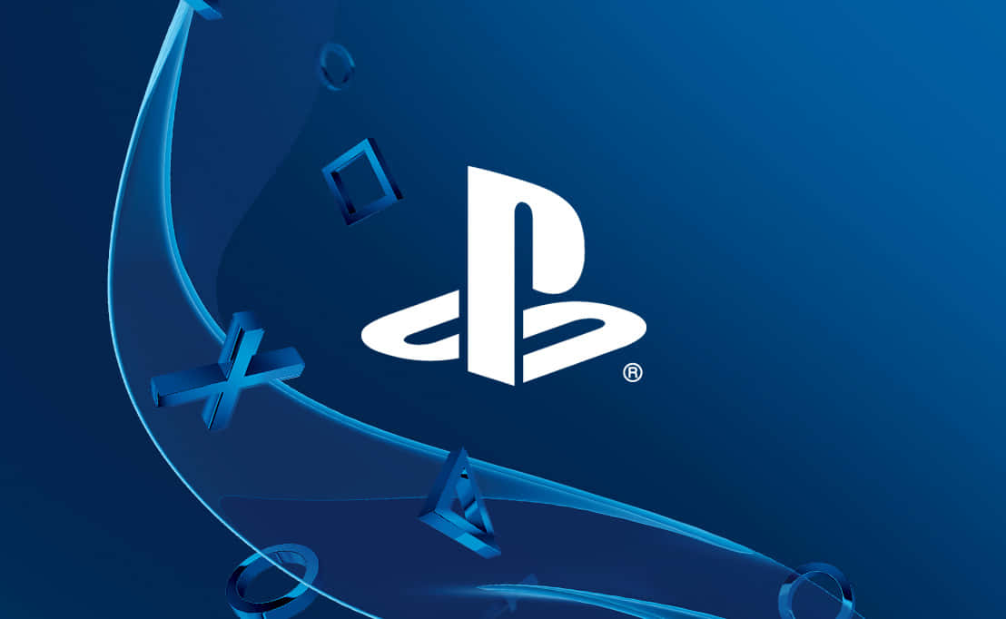 PlayStation 帶來無與倫比的遊戲體驗 壁紙 — 白色PlayStation標誌居中於深藍色背景上，帶有浮動的半透明控制器符號。
