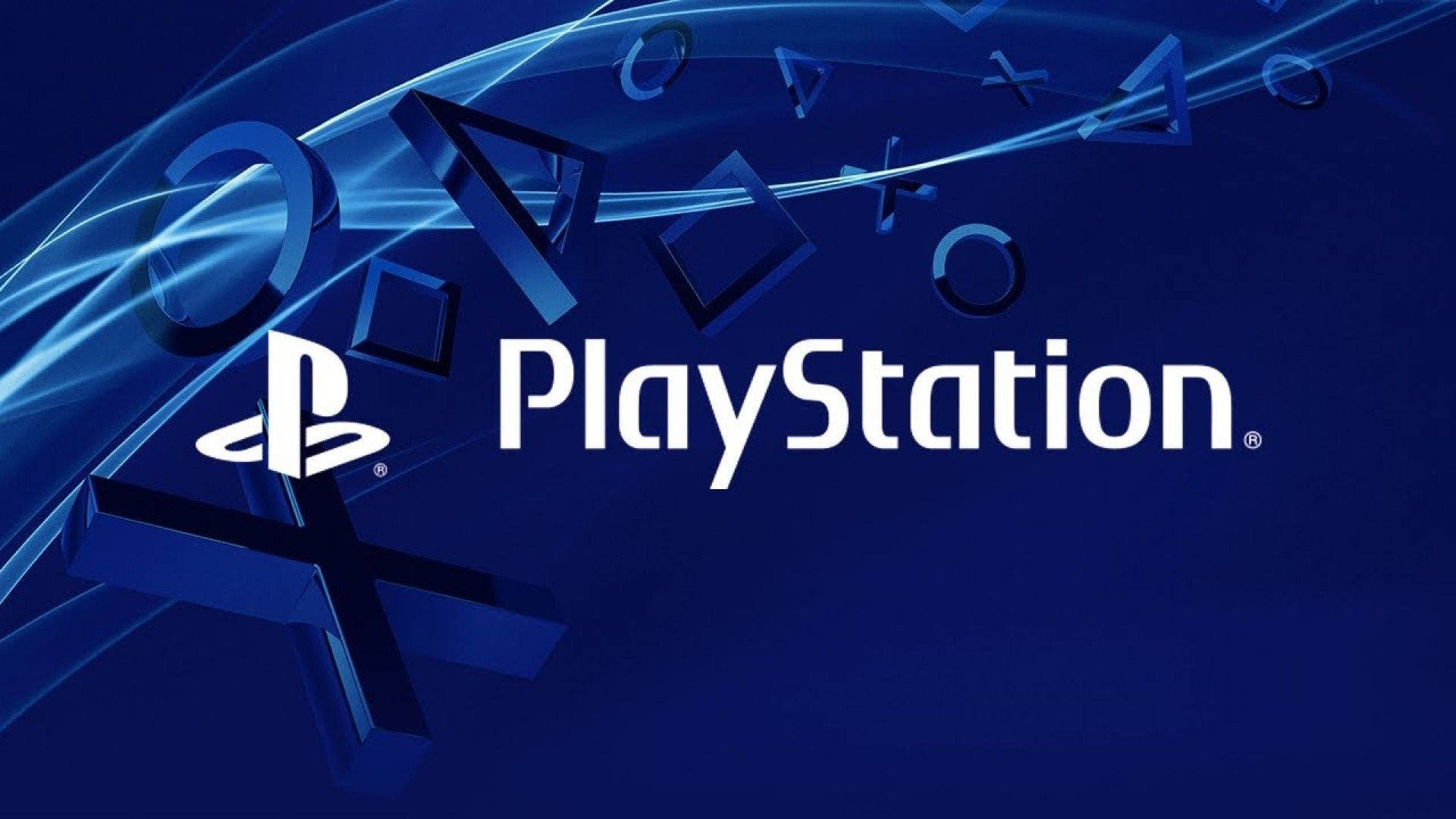藍色美學 桌布 壁紙 — PlayStation 標誌搭配浮動控制器按鈕，置於動態藍色數位背景上。