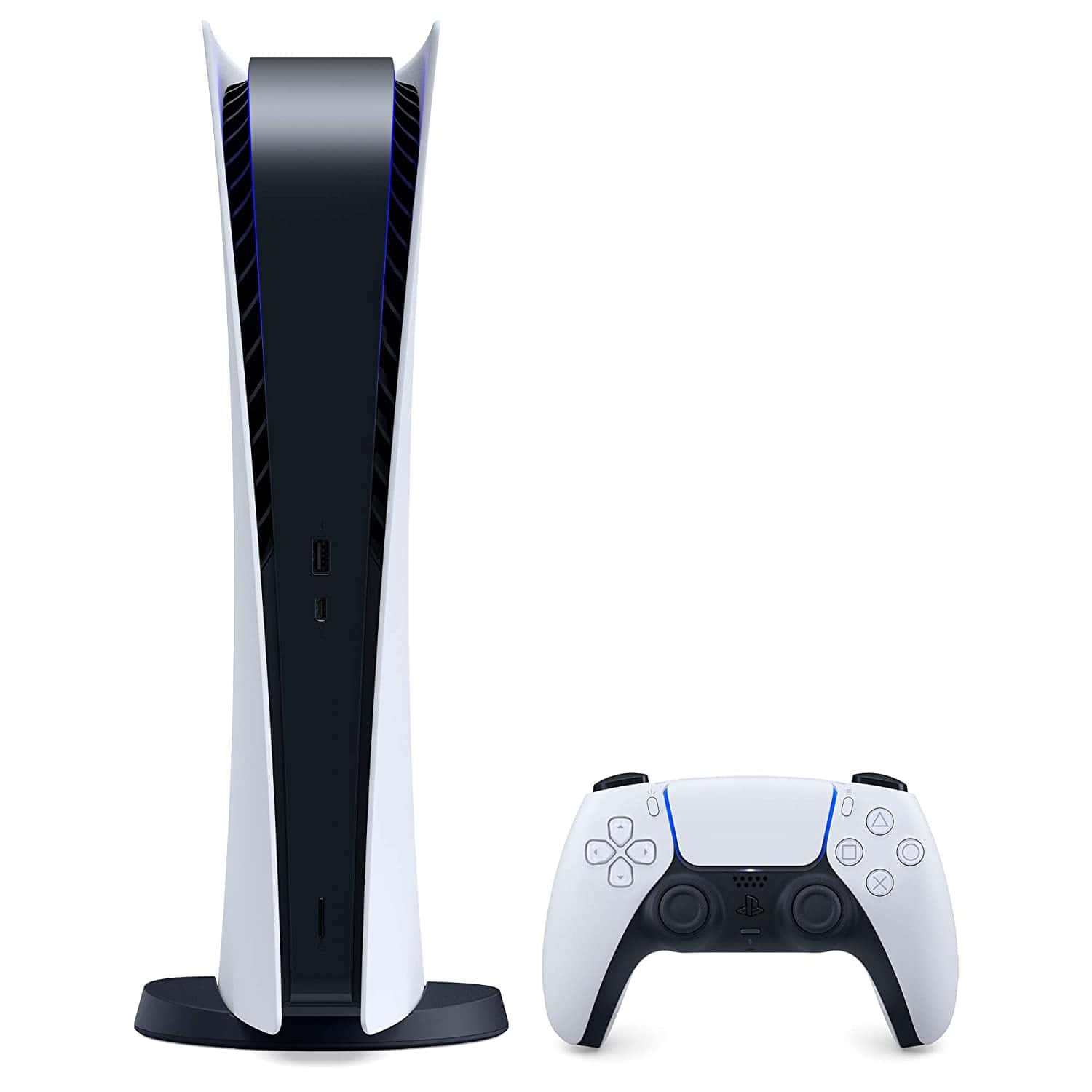 PlayStation：遊戲至上！ 壁紙 — 一部時尚的白色和黑色 PlayStation 5 主機及其控制器，置於純白背景前。