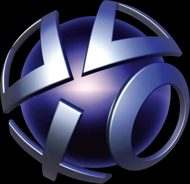 PlayStation標誌3D渲染 壁紙 — 黑色背景上帶有發光藍色球體和交叉環的光亮金屬PlayStation標誌。