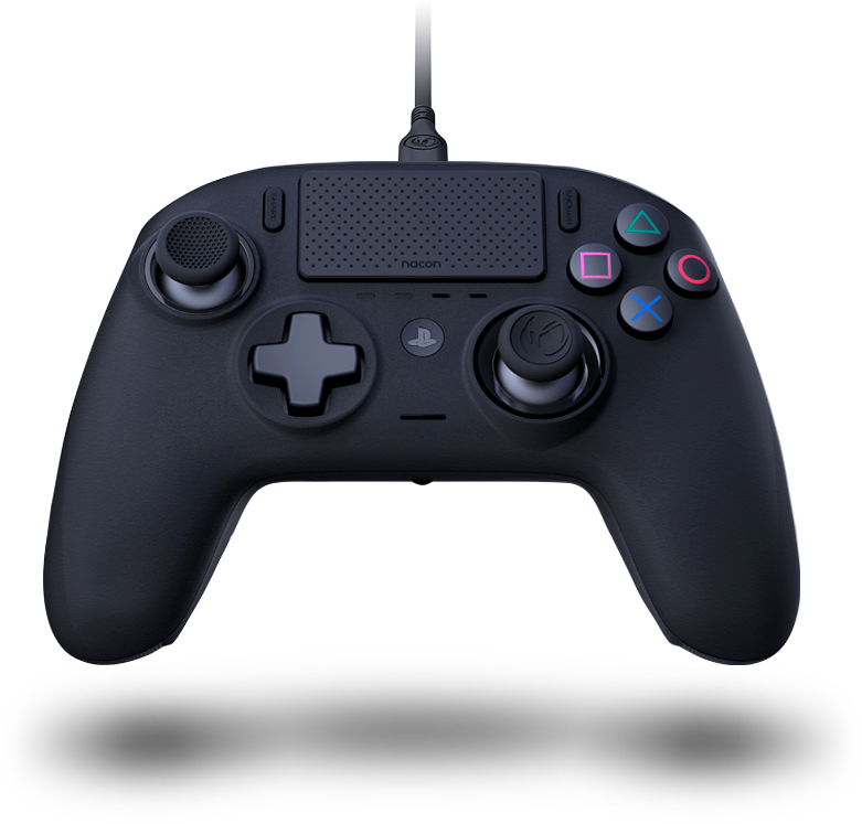 有線PlayStation控制器Nacon 壁紙 — 一款時尚的黑色Nacon遊戲控制器，帶有發光的彩色按鈕和雙模擬搖桿，背景為純黑色。
