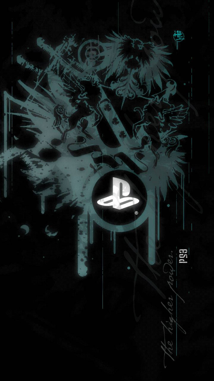 PlayStation 標誌，帶有藍綠色飛濺和幻想生物在黑暗背景上。