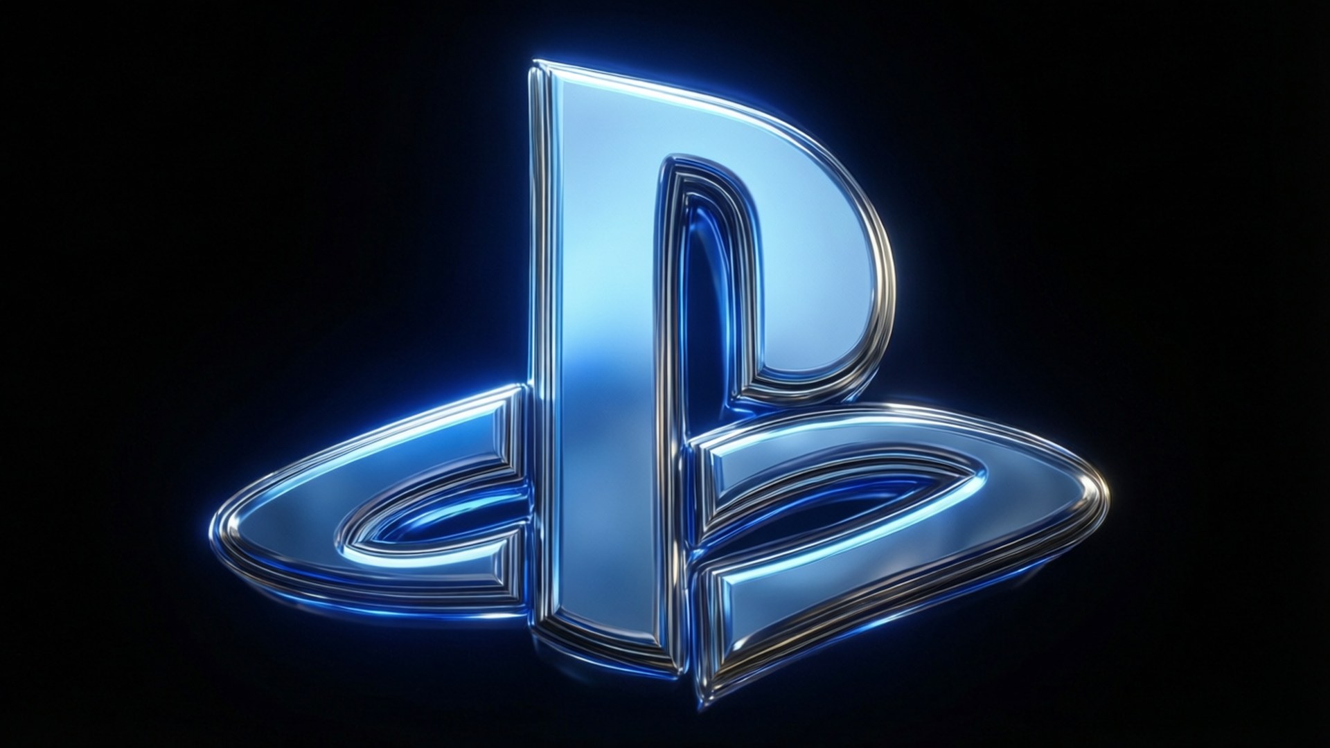 在黑色背景上帶有金屬飾面的發光藍色 PlayStation 標誌