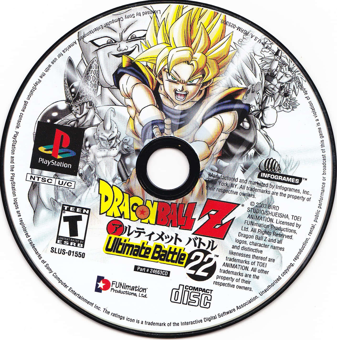 Dragon Ball Z Games 桌布 壁紙 — PlayStation遊戲光碟《龍珠Z 終極戰鬥22》，上有動態動畫插圖，描繪超級撒亞人形態的悟空被其他角色包圍。