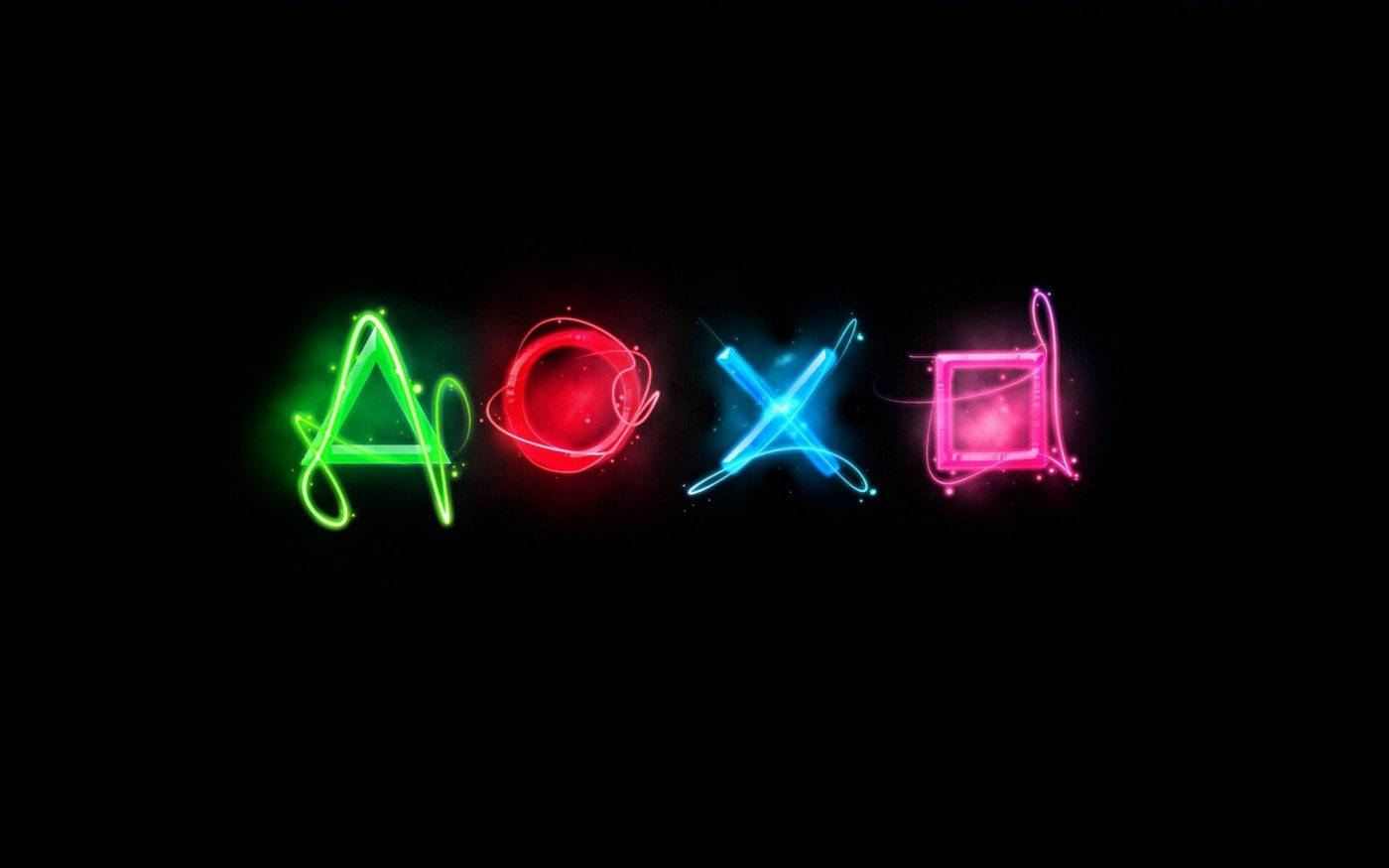 霓虹 PlayStation 符號在黑色背景上明亮發光。