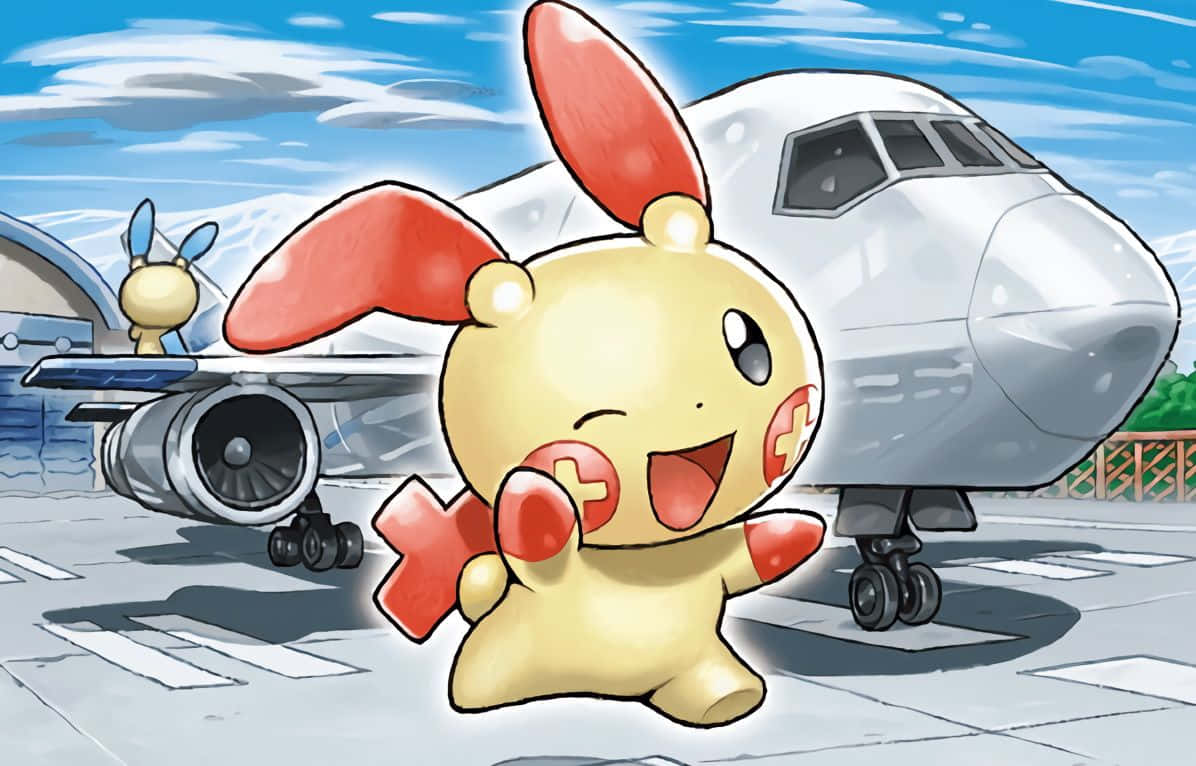 Plusle 與飛機背景 壁紙 — 一隻帶有紅色十字標記的開朗捲耳兔站在機場停機坪上，前面有一架大型飛機，背景是明亮的藍天。