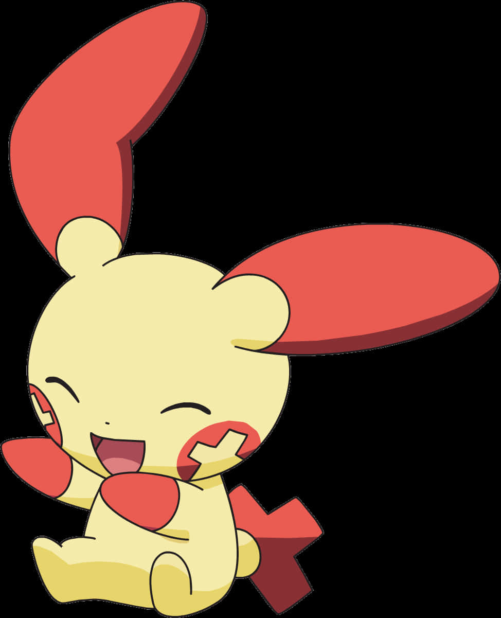 快樂 Plusle 白底壁紙 壁紙 — 一隻快樂的黃色動漫兔，有紅色耳朵和臉頰，坐在黑色背景前。