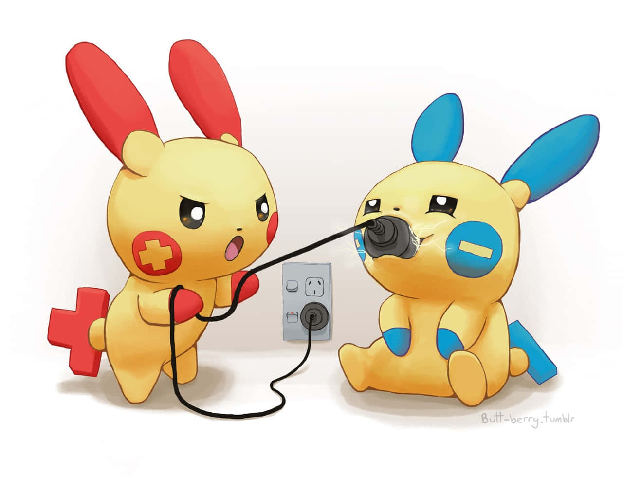 Plusle 與 Minun 拔插頭 壁紙 — 兩個卡通比卡超角色，一個帶紅色加號，一個帶藍色減號，用一條電線連接並插入插座。