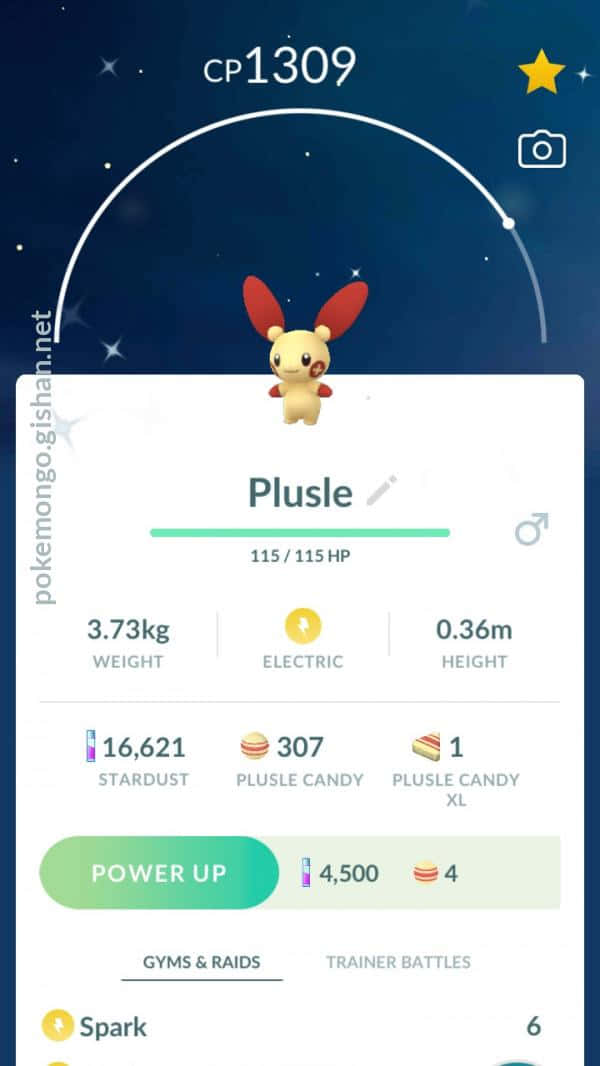 Plusle 遊戲截圖 壁紙 — 來自 Pokémon GO 的 Plusle 寶可夢個人資料畫面，在星空背景上顯示統計數據。