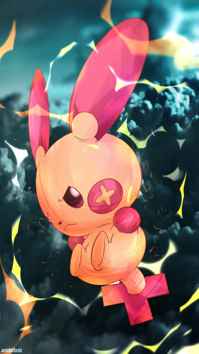 生氣的 Plusle 壁紙 — 一隻可愛的粉紅色動漫兔子，有著發光的眼睛和紅色十字標誌，漂浮在烏雲和火熱的火花中。