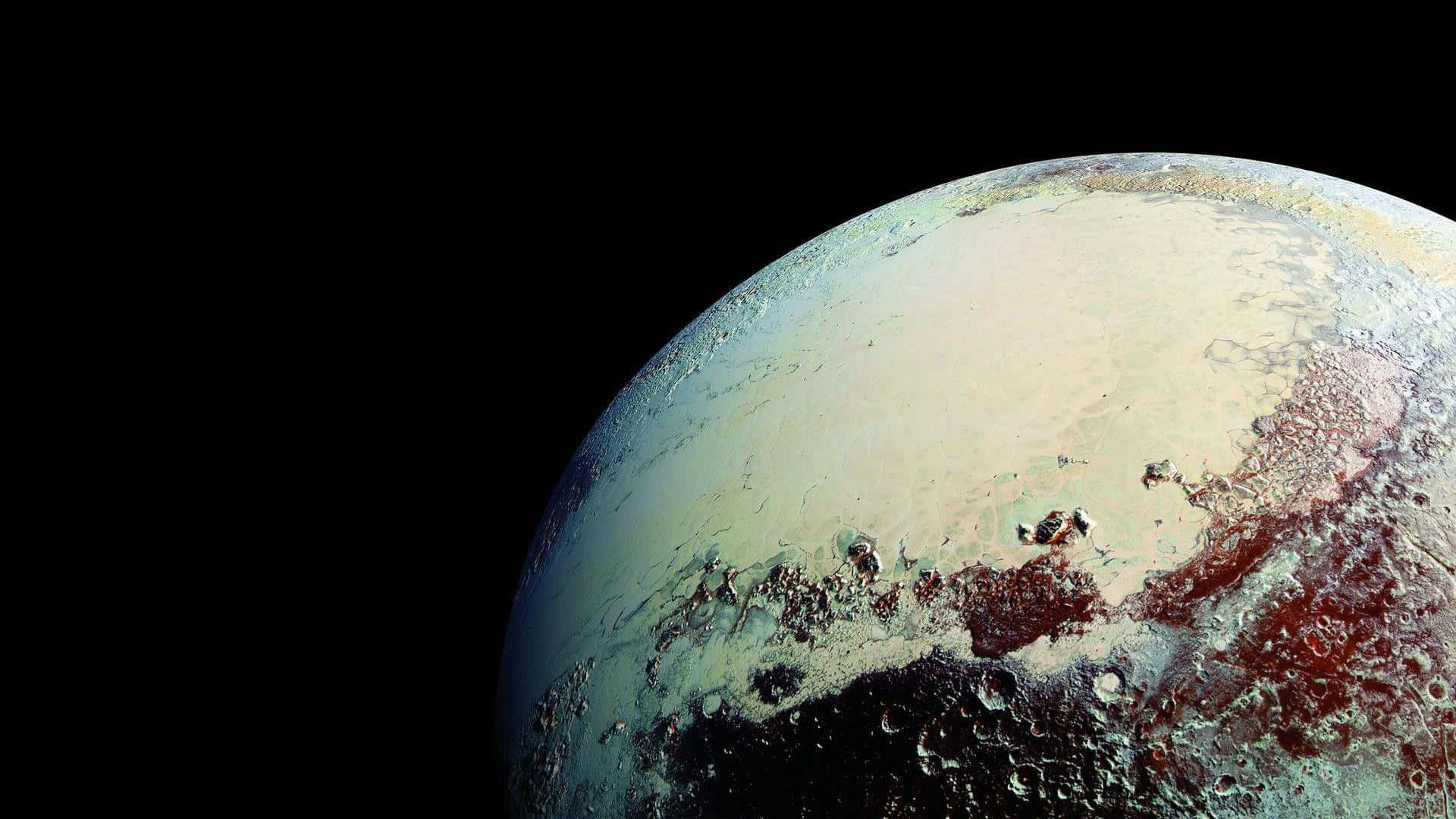 冥王星的冰凍表面，太空中黑暗和明亮的區域。