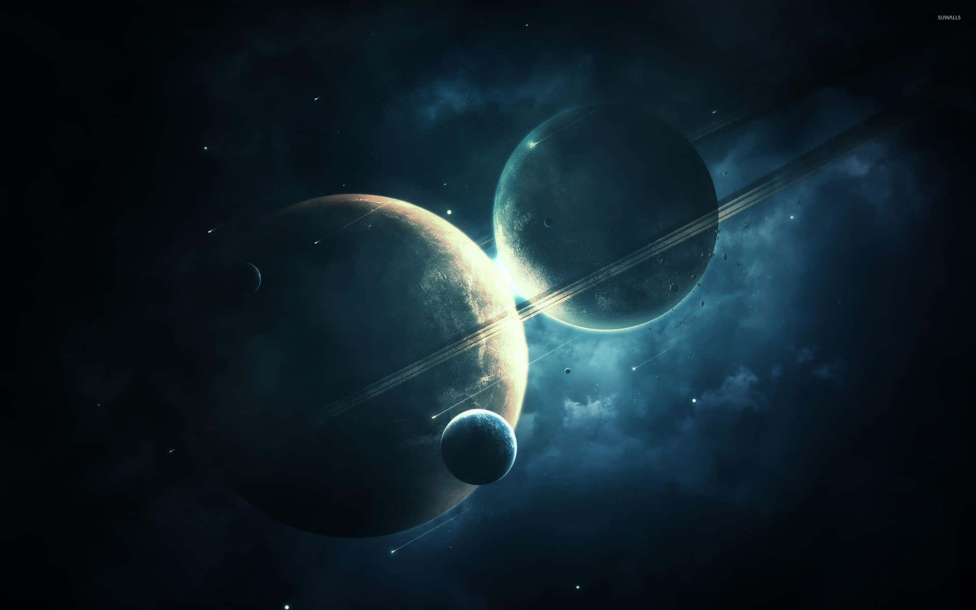 兩顆帶環行星在星光燦爛的宇宙場景中發光。