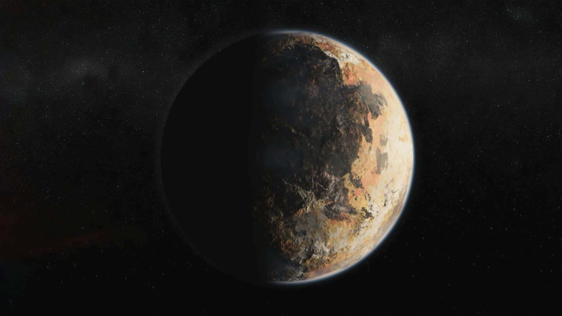 太空中一個岩石外星行星，一半被遠處的光照亮。