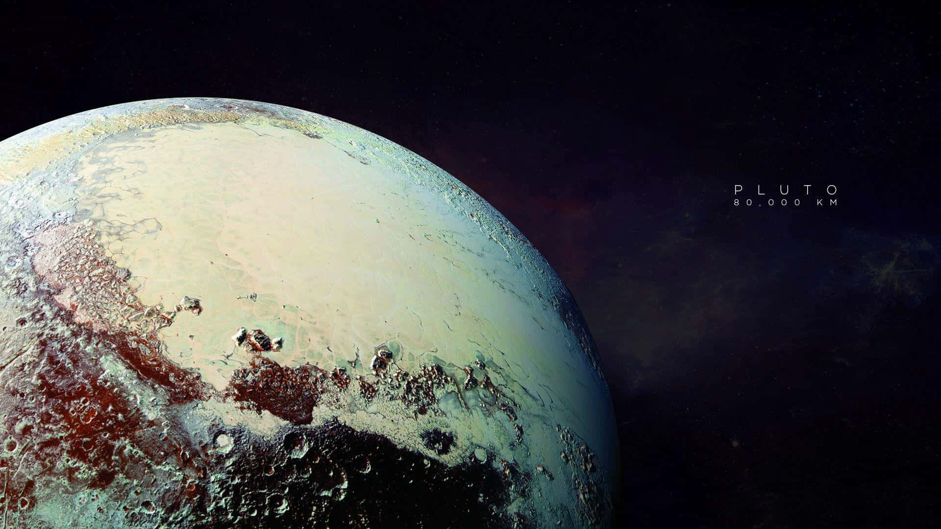 深空中冥王星帶有微紅和白色地形的冰凍表面。