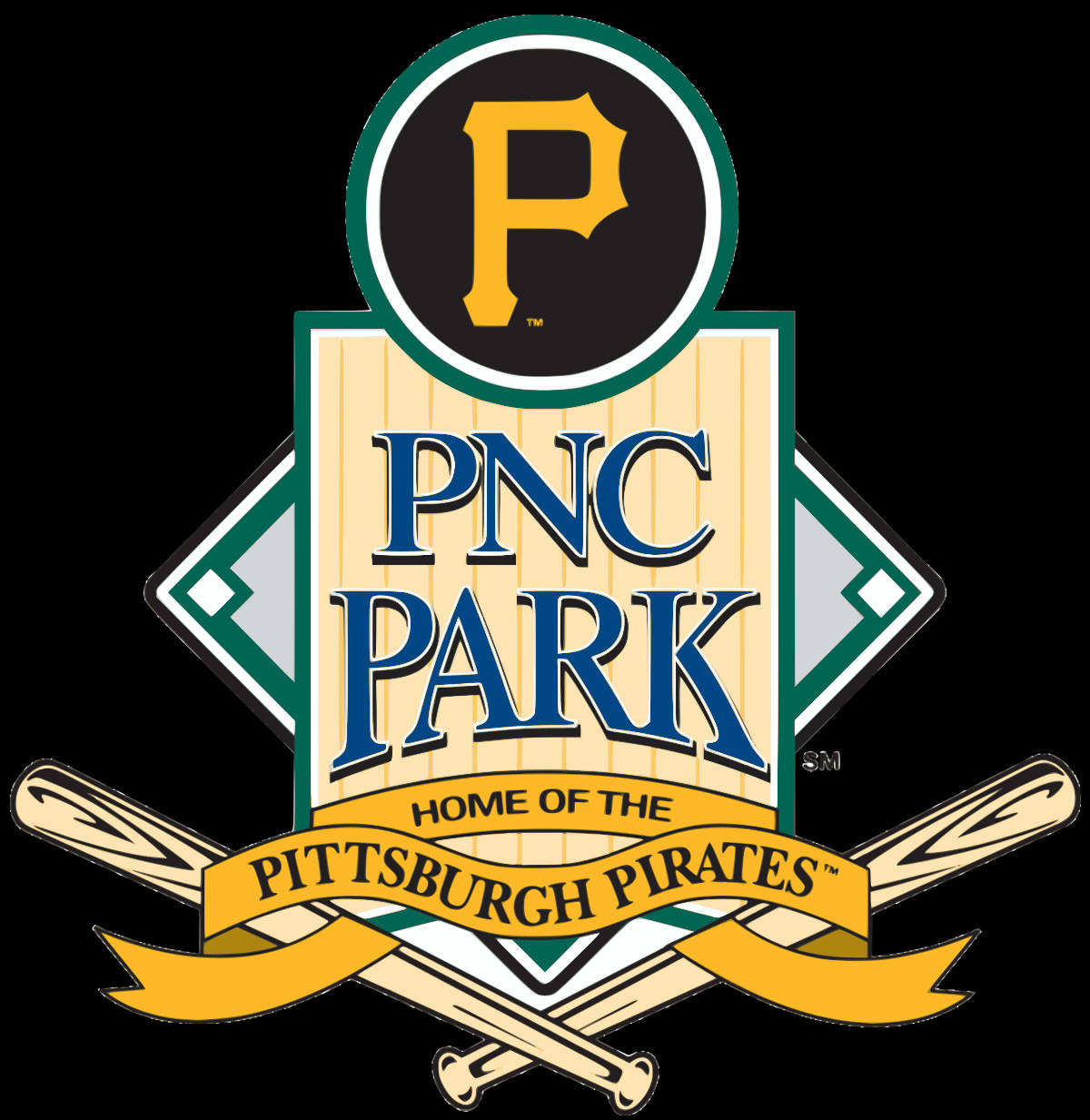 PNC Park 標誌，帶有交叉的球棒和匹茲堡海盜隊文字。