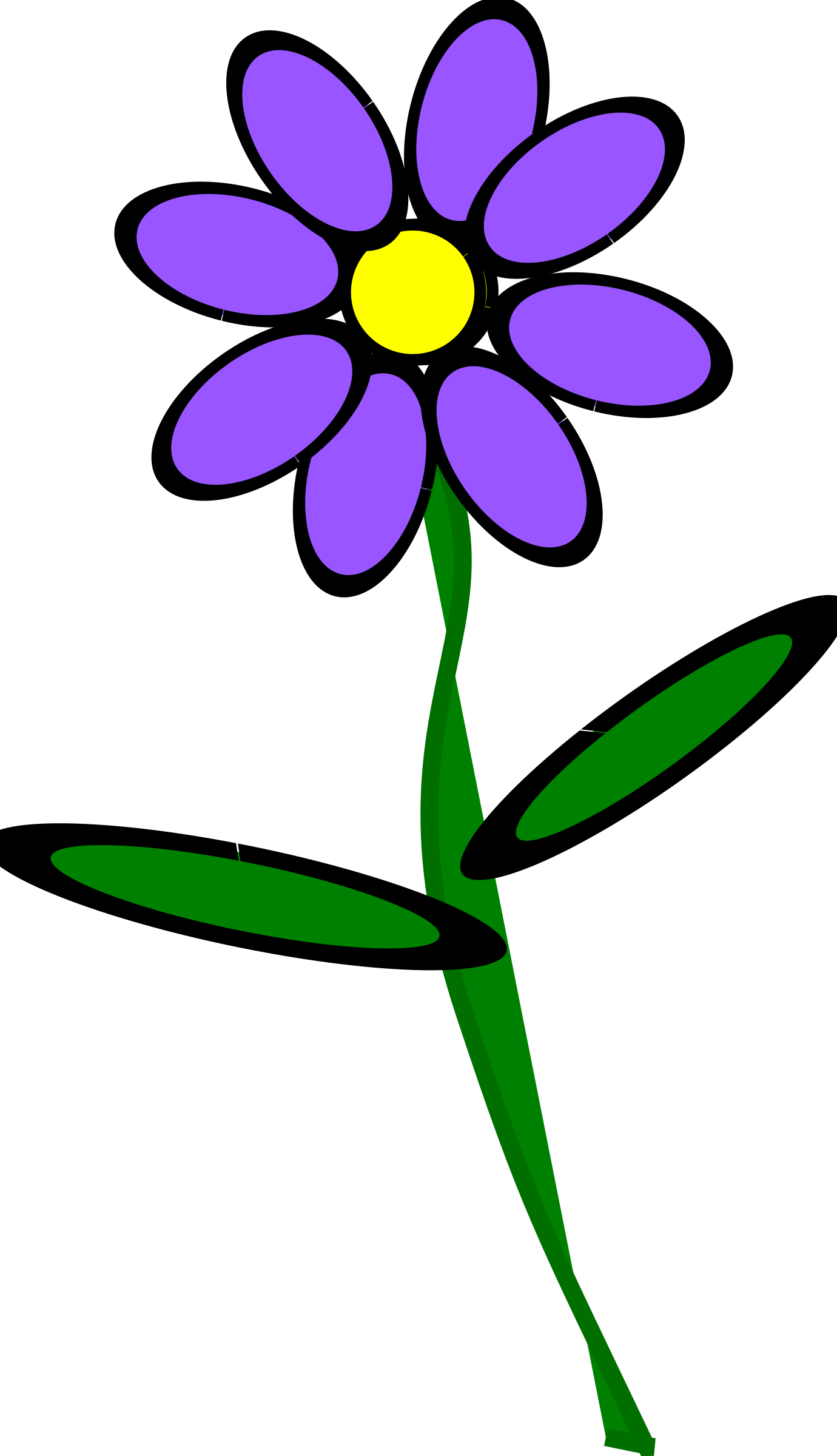 紫羅蘭花插圖.PNG 壁紙 — 一朵風格化的紫色花朵，帶有黃色中心和綠色莖，在純黑色背景上脫穎而出。