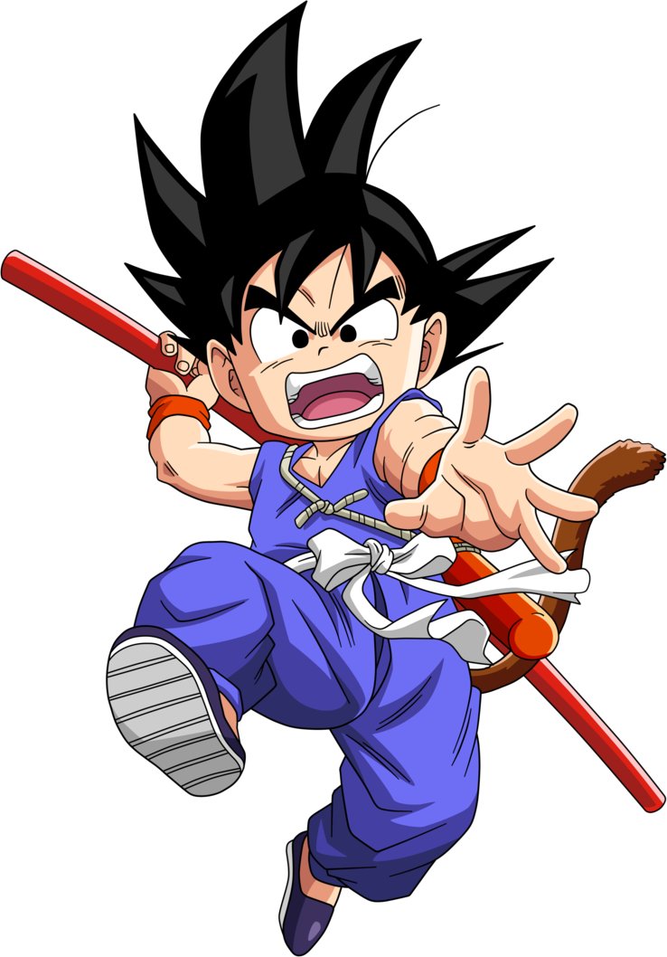幼年悟空動作姿勢.PNG 壁紙 — 一個兇猛的年輕動漫戰士穿著藍色道服，手持發光的紅色法杖，帶著憤怒的表情在黑色背景前向前跳躍。