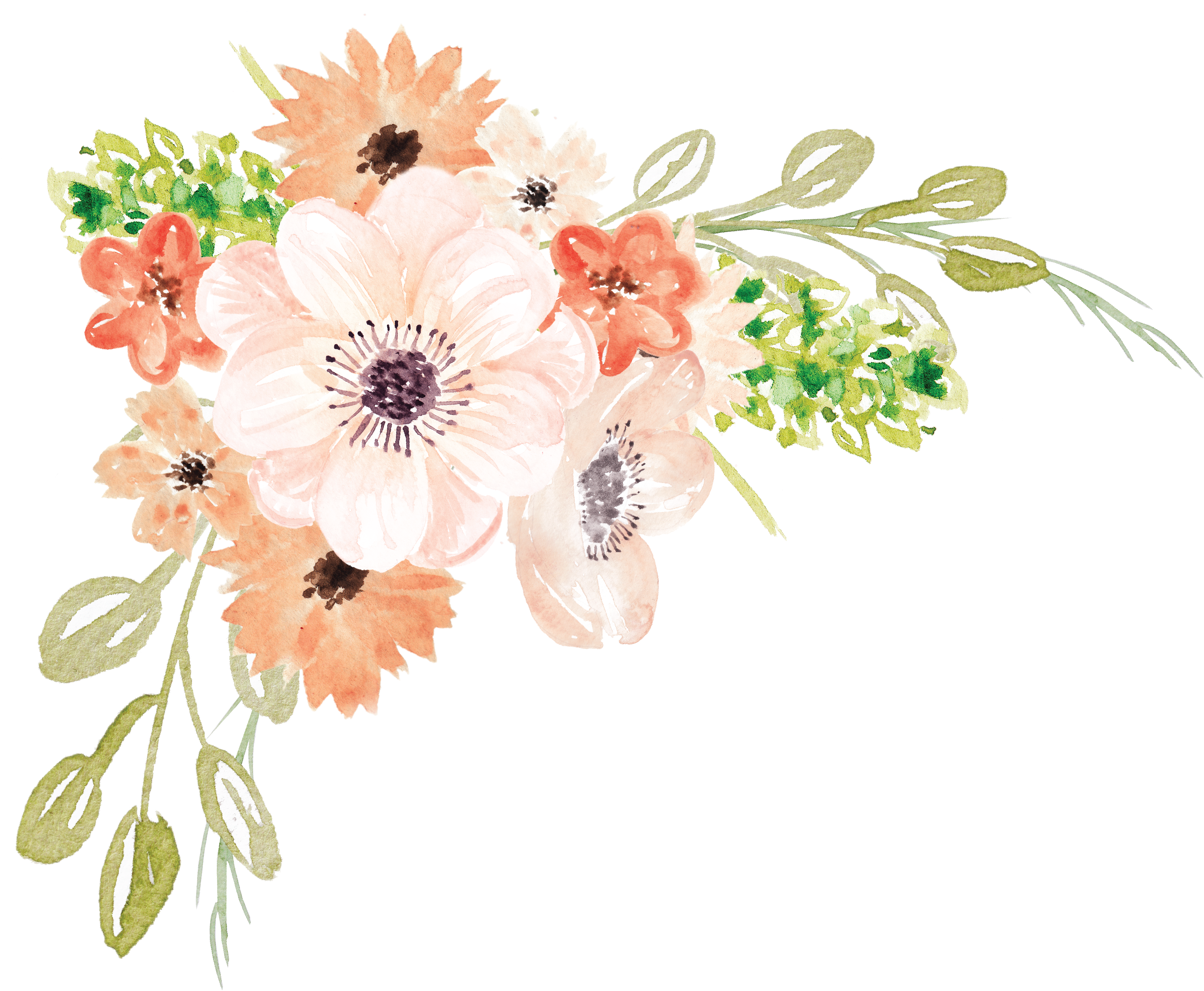 水彩花卉花束.PNG 壁紙 — 在純黑背景上，一束精緻的水彩蜜桃色與白色花朵，搭配綠色葉片。