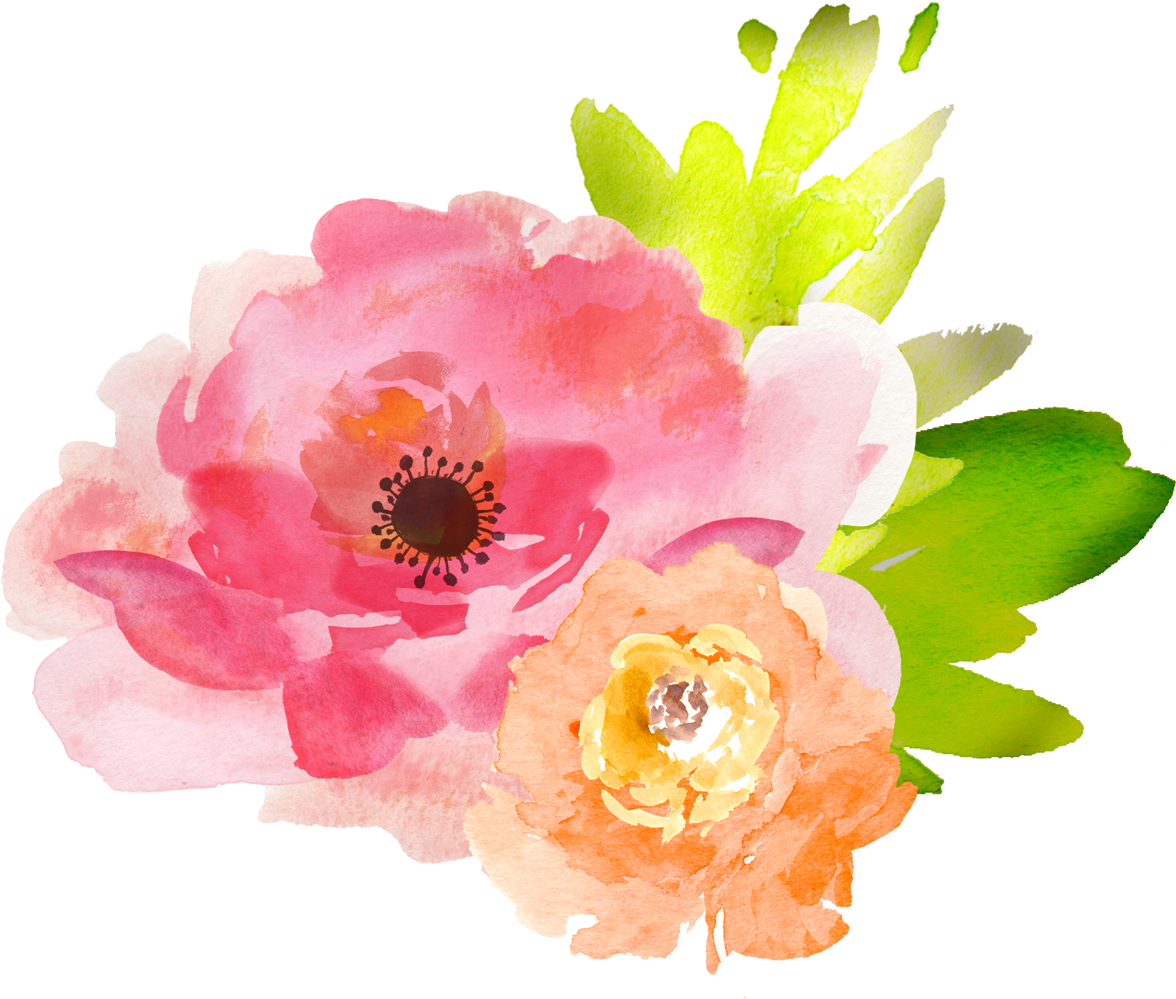 水彩花卉裝飾.PNG 壁紙 — 鮮豔的水彩花朵在純黑背景上綻放，帶有柔和的粉紅和蜜桃色花瓣。