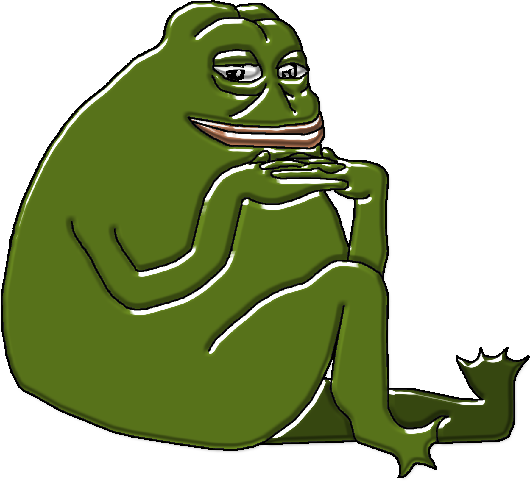沉思青蛙漫畫.PNG 壁紙 — 一隻綠色卡通青蛙盤腿而坐，雙手合十放在下巴下方，背景為黑色。