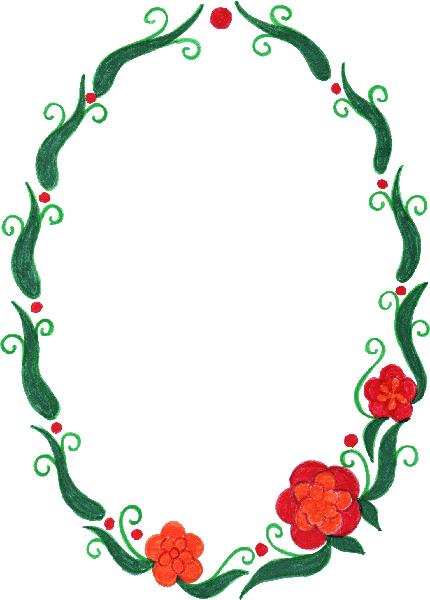 花卉橢圓框設計.PNG 壁紙 — 一個手繪的花環，由綠色藤蔓和紅色花朵組成，在黑色背景上形成橢圓形框架。