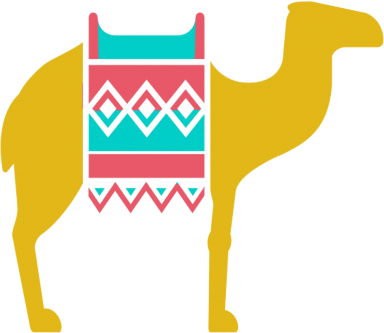 彩色駱駝插畫.PNG 壁紙 — 一隻風格化的黃色駱駝在黑色背景上佩戴著充滿活力的粉紅色和藍綠色幾何鞍具。