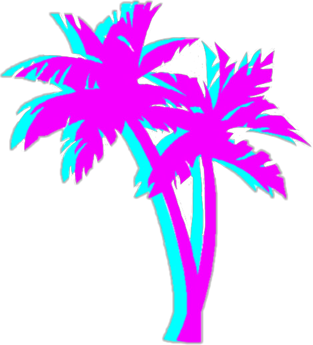 蒸汽波棕櫚樹美學.PNG 壁紙 — 兩棵霓虹棕櫚樹在純黑背景下散發出鮮豔的粉紅色和青色光芒。
