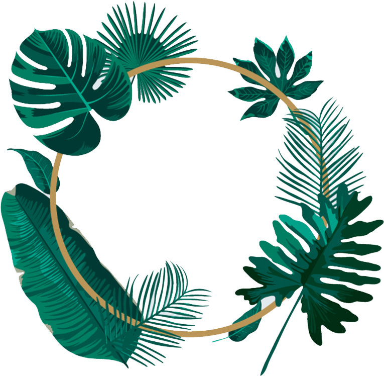 熱帶葉子圓形框.PNG 壁紙 — 一個由深綠色茂密熱帶樹葉製成的圓形花環，帶有金色點綴，襯以黑色背景。