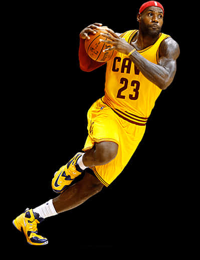 籃球運動員動作照.PNG 壁紙 — 一名身穿黃色克里夫蘭騎士隊球衣的籃球運動員在黑色背景前動態跳躍，手持籃球。