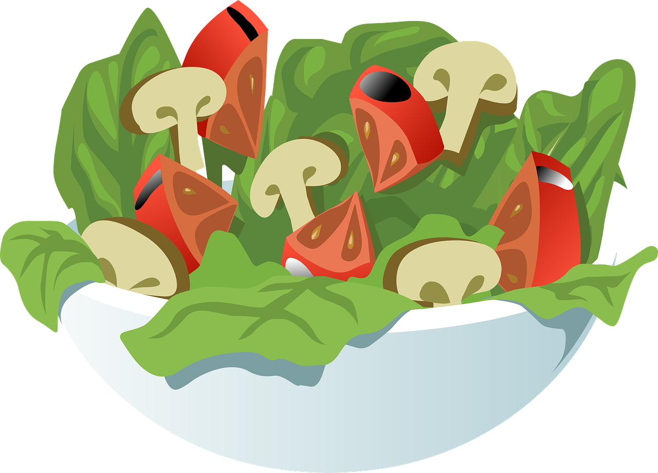新鮮蔬菜沙拉插畫.PNG 壁紙 — 一個充滿新鮮綠色生菜、番茄片和蘑菇的鮮豔卡通風格碗。