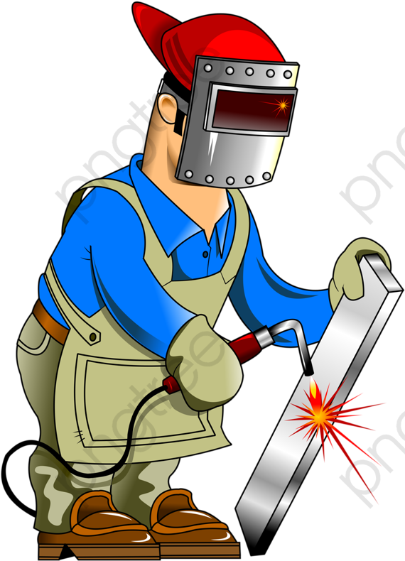 卡通焊工工作.PNG 壁紙 — 一個戴紅帽和銀色面具的卡通焊工，在黑色背景下焊接金屬樑時發出明亮火花。