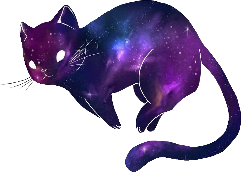 宇宙風可愛貓.PNG 壁紙 — 一隻風格化的貓，帶有紫色藍色星雲和星星的銀河圖案，背景為黑色。