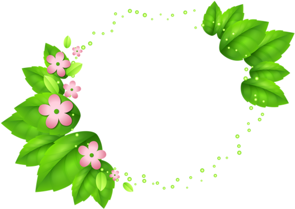 花卉葉片邊框設計.PNG 壁紙 — 一個由綠色葉子和粉紅色花朵組成的充滿活力的數位花環，在黑色背景上形成圓形框架。