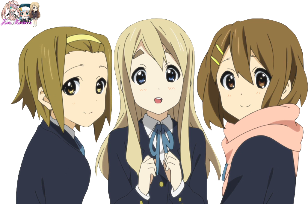 動漫女孩們在一起.PNG 壁紙 — 三個穿著校服的動畫女孩在黑色背景前溫暖地微笑。