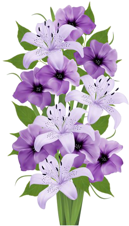 紫色花卉花束.PNG 壁紙 — 一束充滿活力的紫色百合花和矮牽牛花，配以綠葉，組成茂盛的花簇。