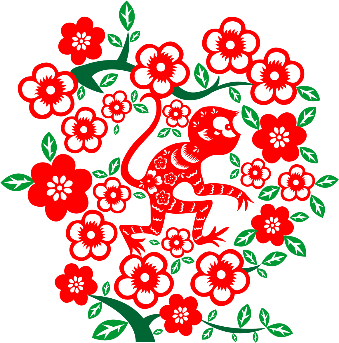 中國新年猴年花卉設計.PNG 壁紙 — 一隻充滿活力的紅色猴子在盛開的紅花和綠葉之間跳躍，背景是 stark 黑色。