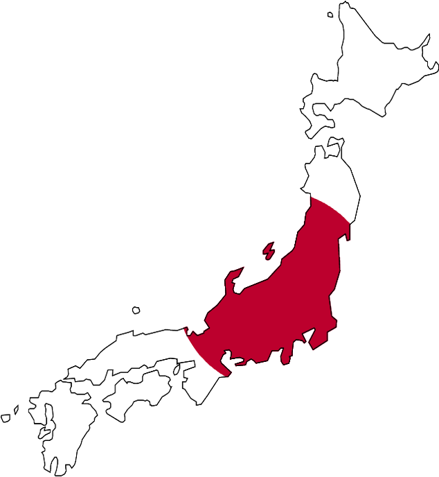 日本地圖突出關東地區.PNG 壁紙 — 日本的極簡輪廓，中央島嶼以醒目的紅色突出顯示，背景為純黑色。