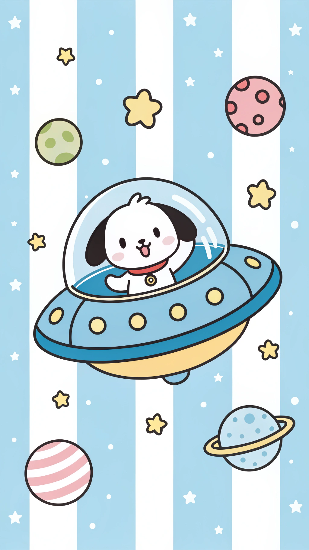 Pochacco 的太空冒險將令你驚嘆 壁紙 — 一隻可愛的卡通狗在藍色UFO中漂浮在色彩繽紛的行星和星星之間，背景是藍白條紋。