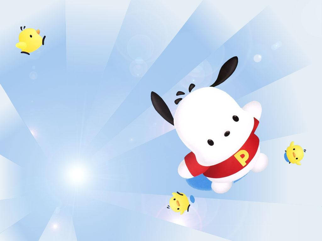 Pochacco，Sanrio 角色 壁紙 — 一隻可愛的白色卡通狗，穿著紅色襯衫，上面有黃色嘅「P」，喺明亮嘅藍天中同三隻細小嘅黃色雀仔一齊快樂咁飛翔。