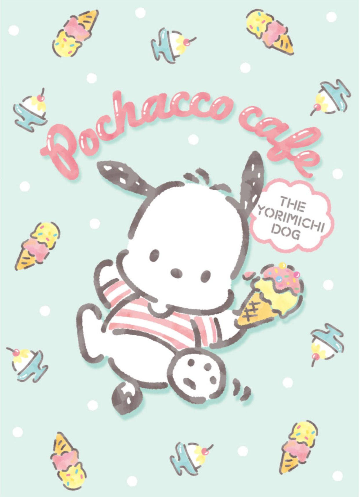 Pochacco，Yorimichi 狗 壁紙 — 一隻穿著條紋襯衫的可愛卡通狗，在點綴著漂浮冰淇淋甜點的薄荷綠色背景前，快樂地拿著一個冰淇淋甜筒。