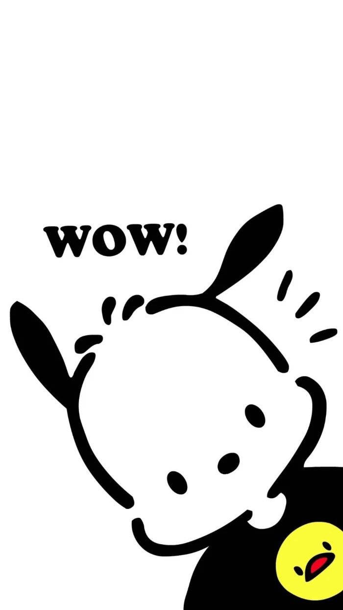 Pochacco 极简藝術 壁紙 — 一隻帶有黃色圓形細節的極簡黑白卡通兔，以驚訝的表情驚呼 wow。