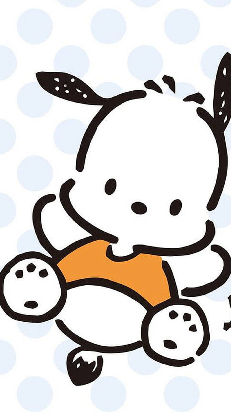 Pochacco 穿橙色襯衫 壁紙 — 一隻可愛的卡通牛，身上有黑色斑點，穿著橙色襯衫，開心地坐在淺藍色圓點背景上。