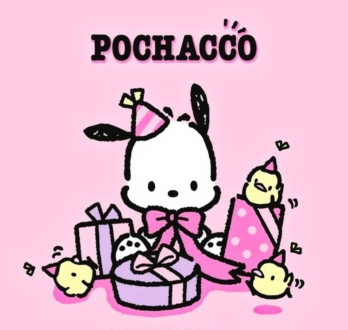 Pochacco 與 Pi-Chans 壁紙 — 一隻戴著派對帽的快樂卡通狗坐在粉紅色背景上，周圍環繞著禮物和小雞。